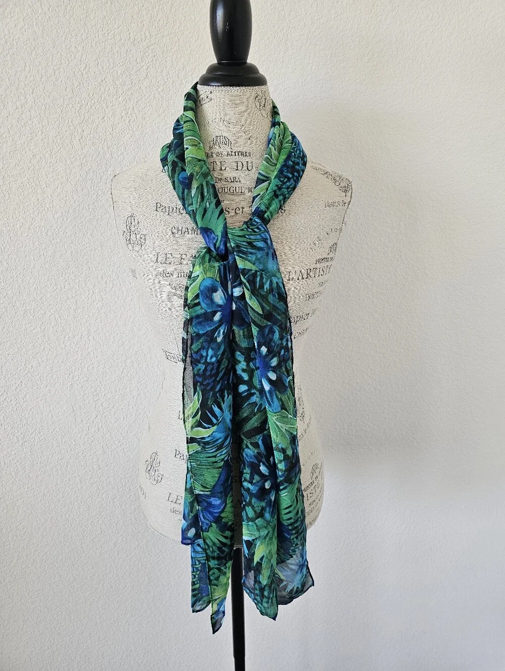 Sheer Tropical Botanical Oblong Scarf Royal Blue Green Palm Leaves Sarong 72x18